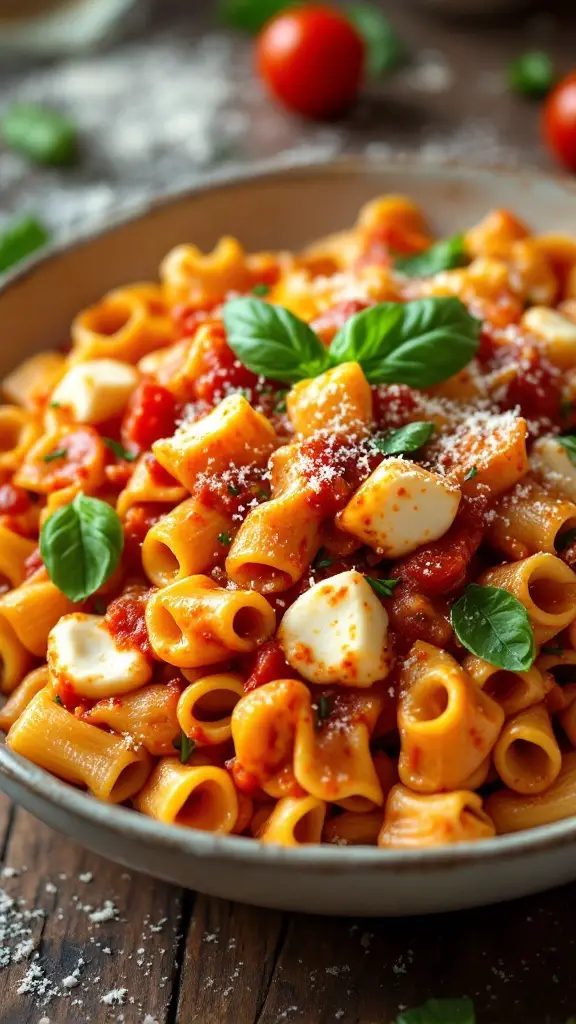 Orecchiette pasta with tomato sauce and mozzarella, garnished with fresh basil on a wooden table.