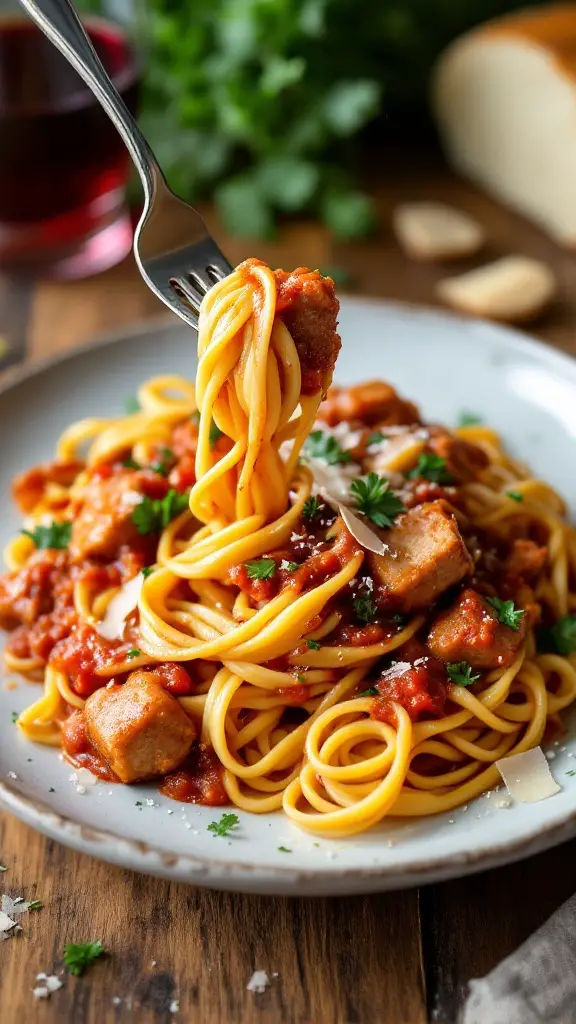 Tagliatelle pasta with rabbit ragu sauce, garnished with parsley and Parmesan, on a rustic wooden table.