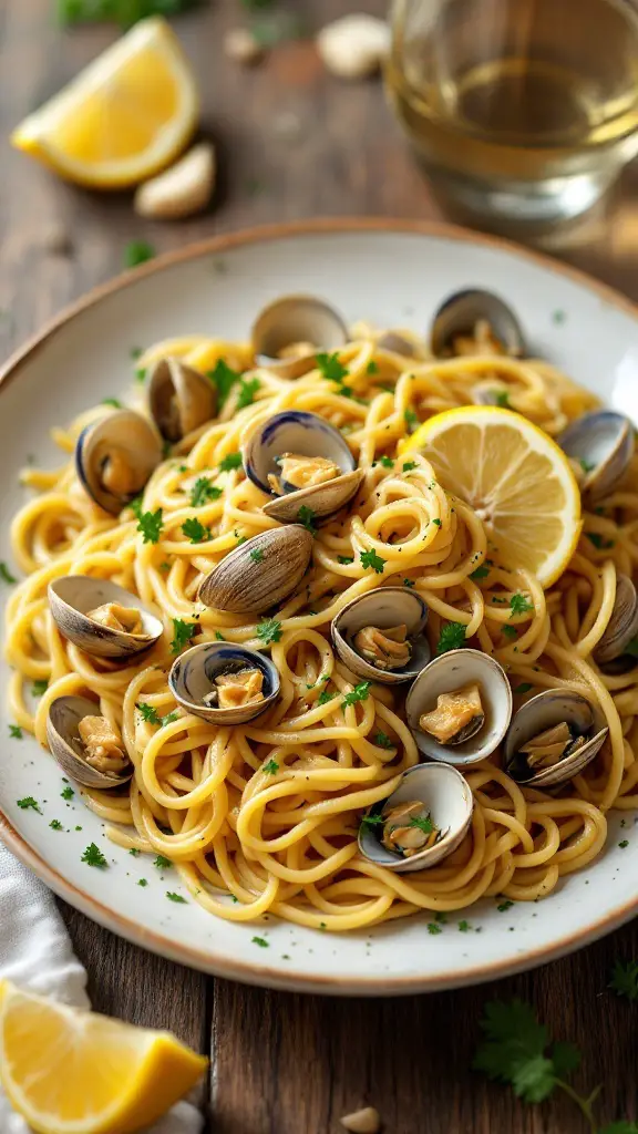 A delicious serving of linguine alle vongole with manila clams, garlic, and parsley, garnished with lemon.