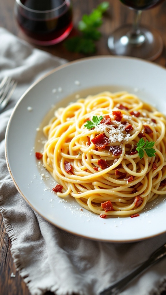 A delicious serving of Spaghetti alla Carbonara topped with pancetta and Parmesan cheese on a rustic table.