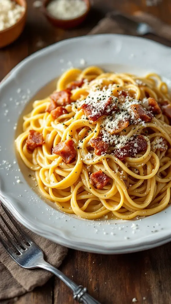 Delicious Bucatini alla Gricia with guanciale and Pecorino Romano cheese on a rustic wooden table.