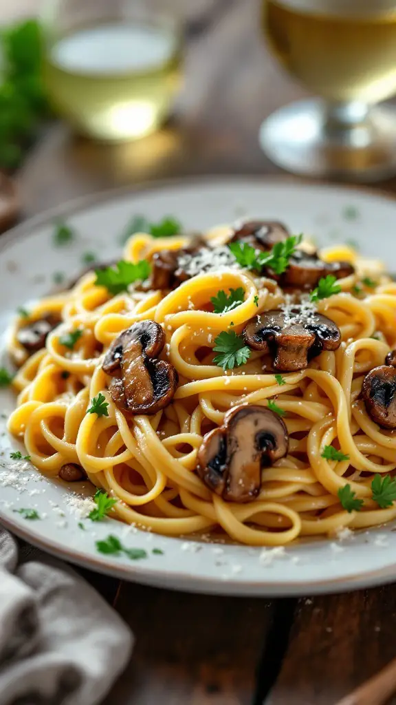 Fettuccine with porcini mushrooms and truffle oil on a rustic wooden table.