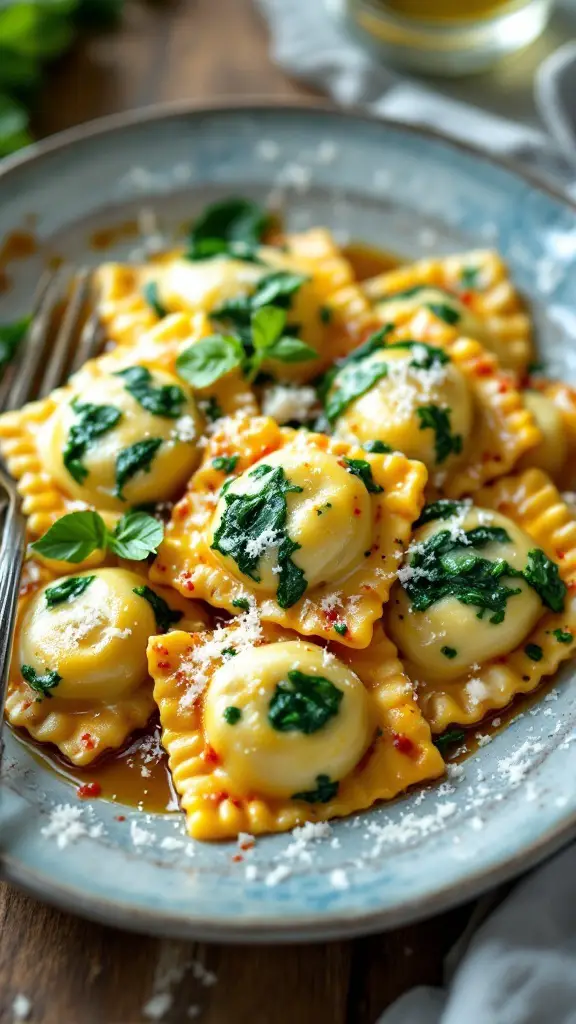 Homemade spinach and ricotta ravioli on a rustic plate, garnished with olive oil and parmesan.