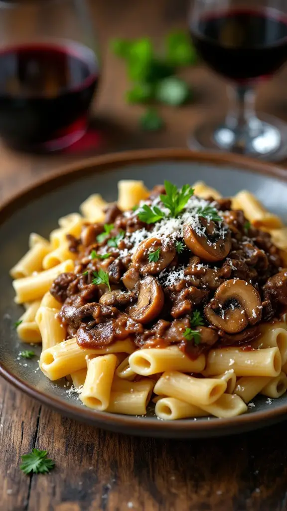 A bowl of rigatoni pasta in beef and porcini mushroom sauce, garnished with parsley and Parmesan cheese.