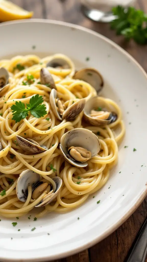 Plate of Spaghetti alle Vongole Veraci in Bianco with clams, garnished with parsley and lemon.