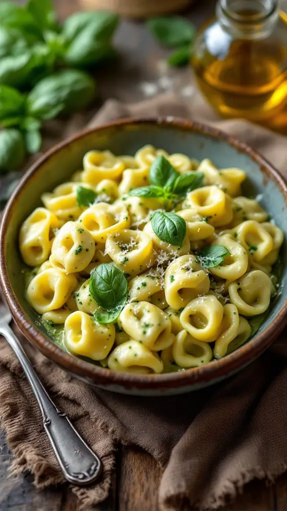 Tortellini in creamy pesto sauce, garnished with basil and Parmesan, on a rustic table.