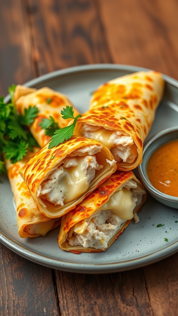 Cheesy garlic chicken wraps on a plate, halved to show creamy filling, with parsley garnish.