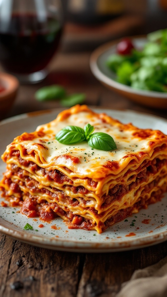 A classic lasagna Bolognese with layers of meat, béchamel, and cheese, garnished with basil on a rustic table.