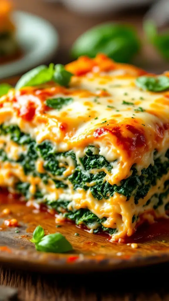 A slice of spinach and ricotta lasagna with melted cheese, garnished with basil on a wooden table.