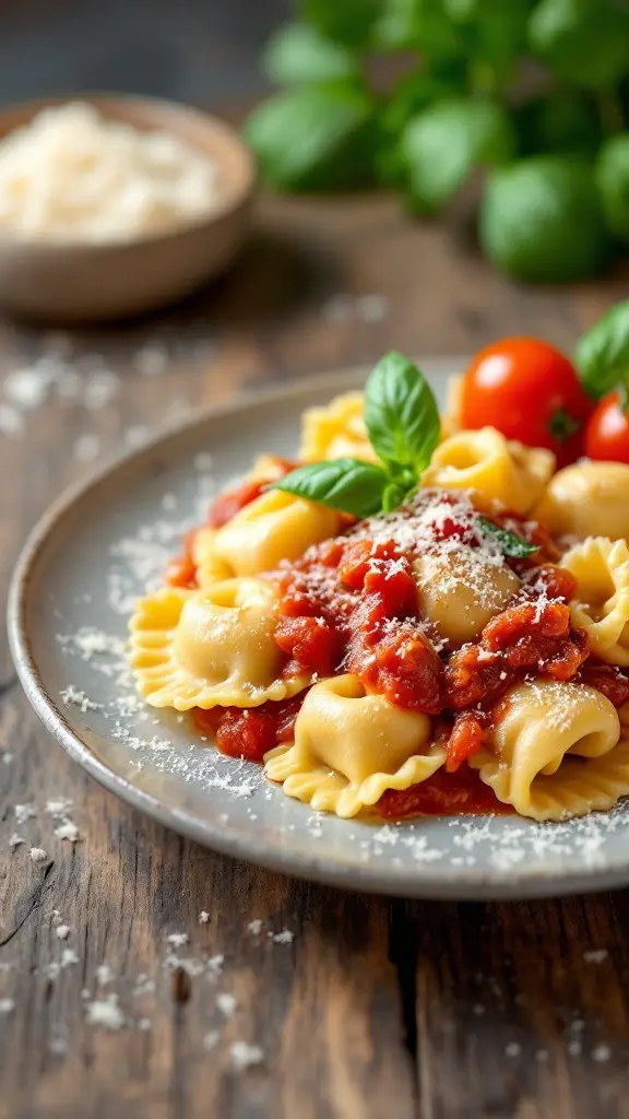 Tortelloni with tomato and basil sauce, garnished with Parmesan cheese and fresh basil on a rustic table.