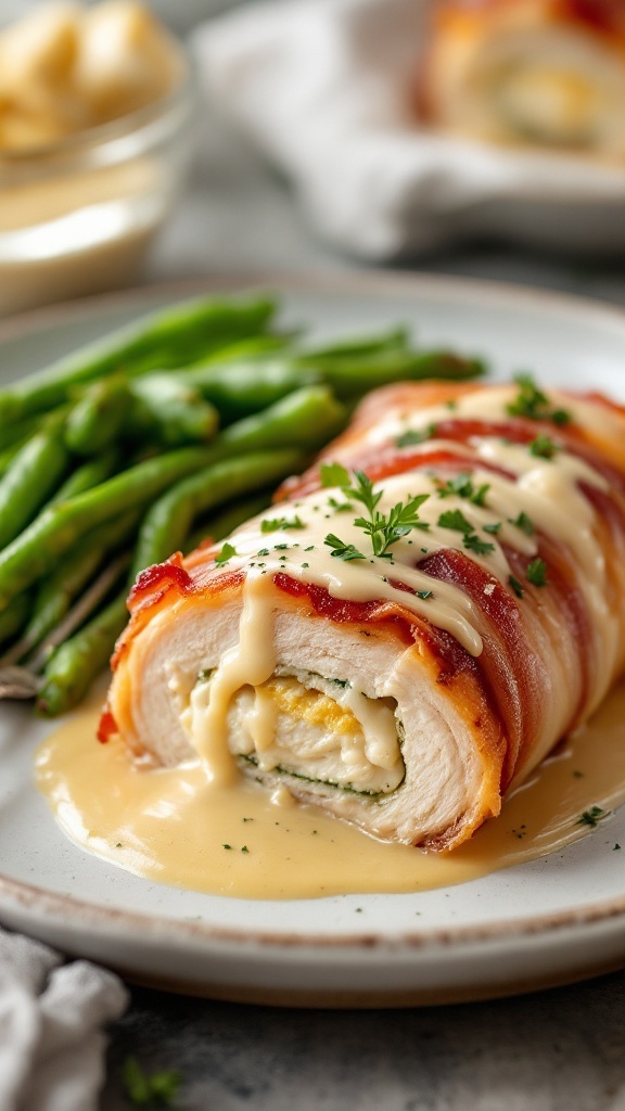 Delicious Alfredo Stuffed Chicken with Bacon served with green beans.