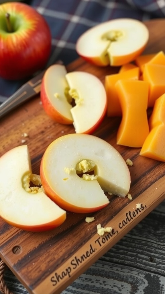 Sliced apples and cheddar cheese on a wooden cutting board