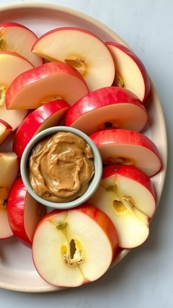 Plate of apple slices arranged around a small bowl of almond butter