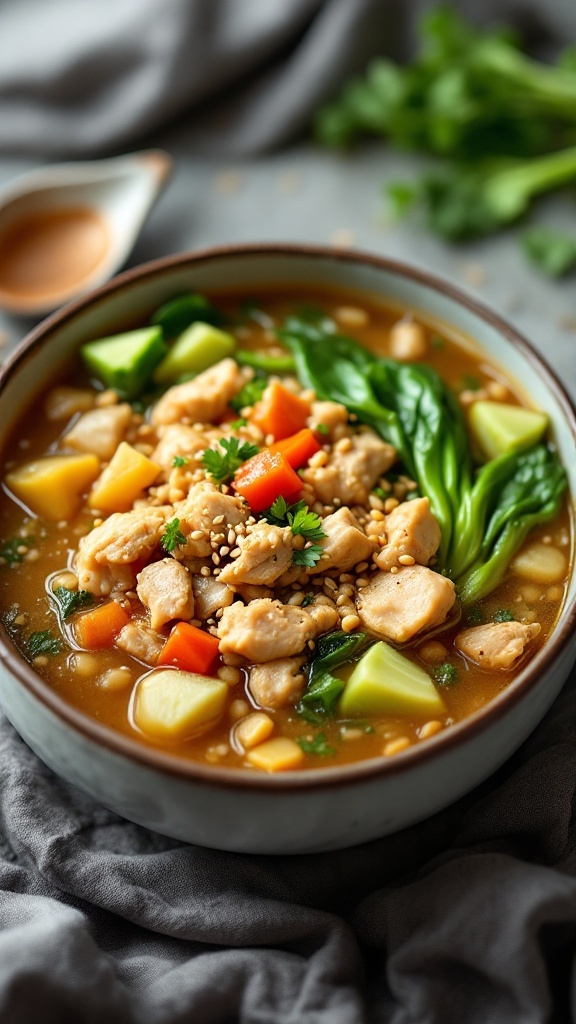 A bowl of Asian-inspired chicken barley soup filled with colorful vegetables.