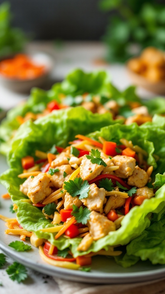 Asian-inspired chicken lettuce wraps with colorful vegetables