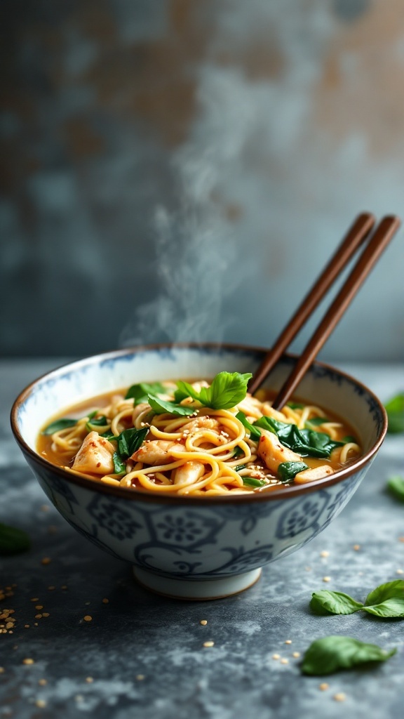 A steaming bowl of Asian-inspired chicken noodle soup with noodles, chicken, spinach, and garnished with green onions and sesame seeds.