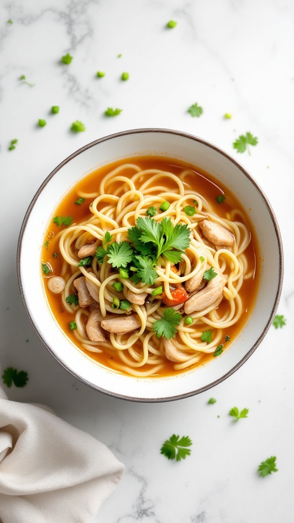 Bowl of Asian-inspired chicken noodle soup with chicken, noodles, and herbs.