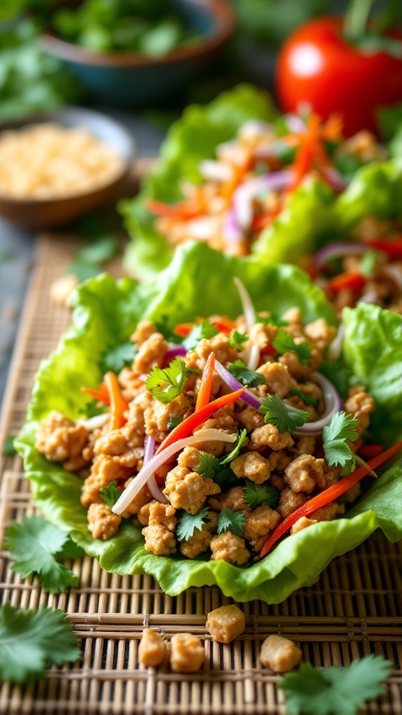 Asian Chicken Lettuce Cups filled with seasoned ground chicken and fresh vegetables