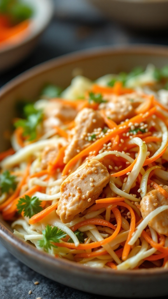 A colorful Asian chicken salad with sesame dressing.