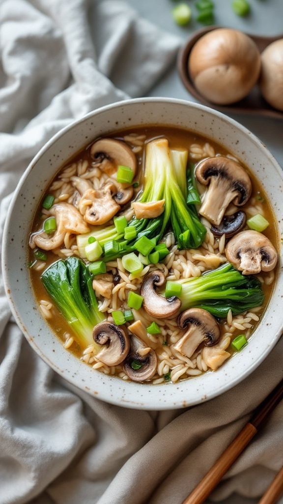 A bowl of Asian inspired chicken and rice soup with bok choy and mushrooms