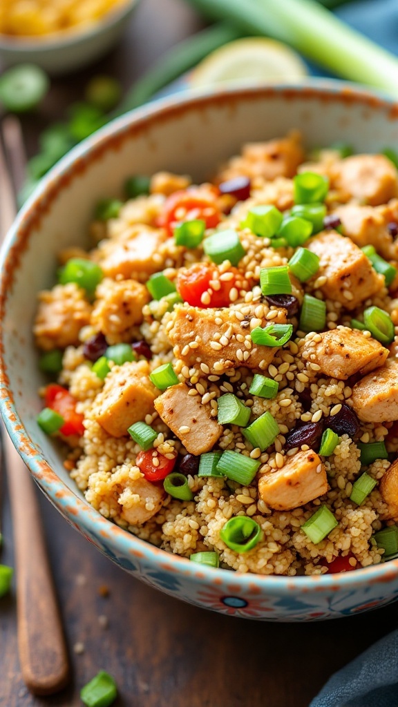 A vibrant bowl of Asian Sesame Chicken Quinoa Salad with colorful vegetables.