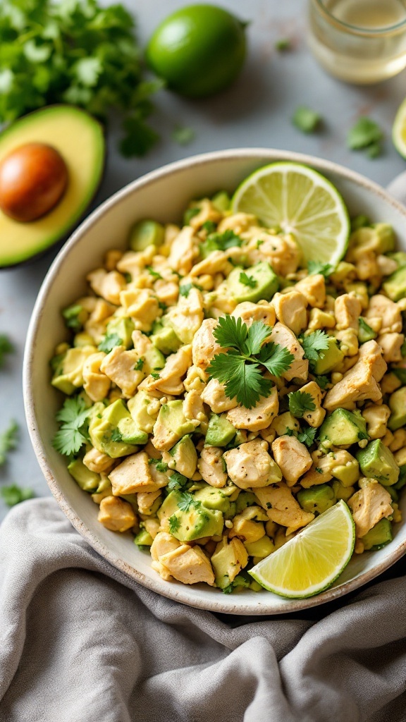 A vibrant bowl of avocado chicken salad garnished with lime slices and cilantro.