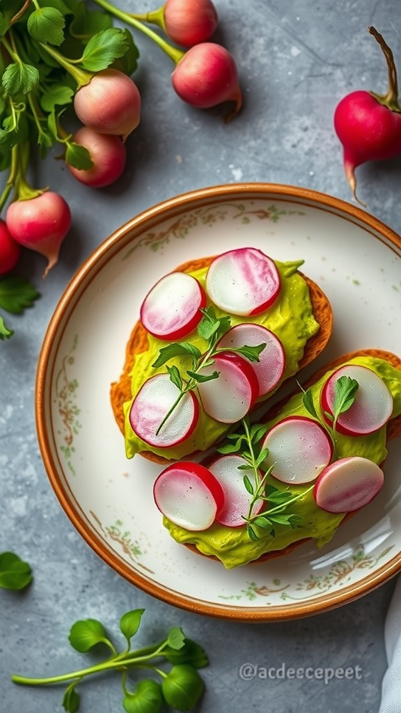 A plate of avocado toast topped with sliced radishes and fresh herbs.