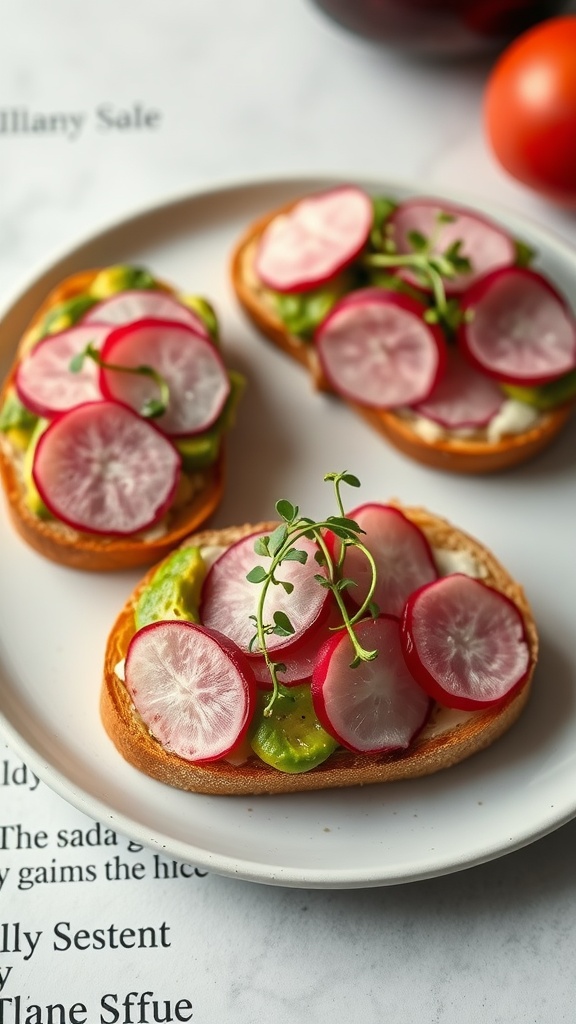 Avocado toast topped with sliced radishes on a plate