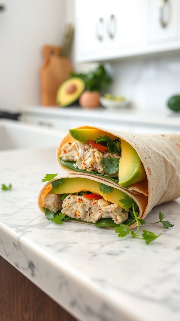 A delicious avocado tuna melt wrap with fresh ingredients.