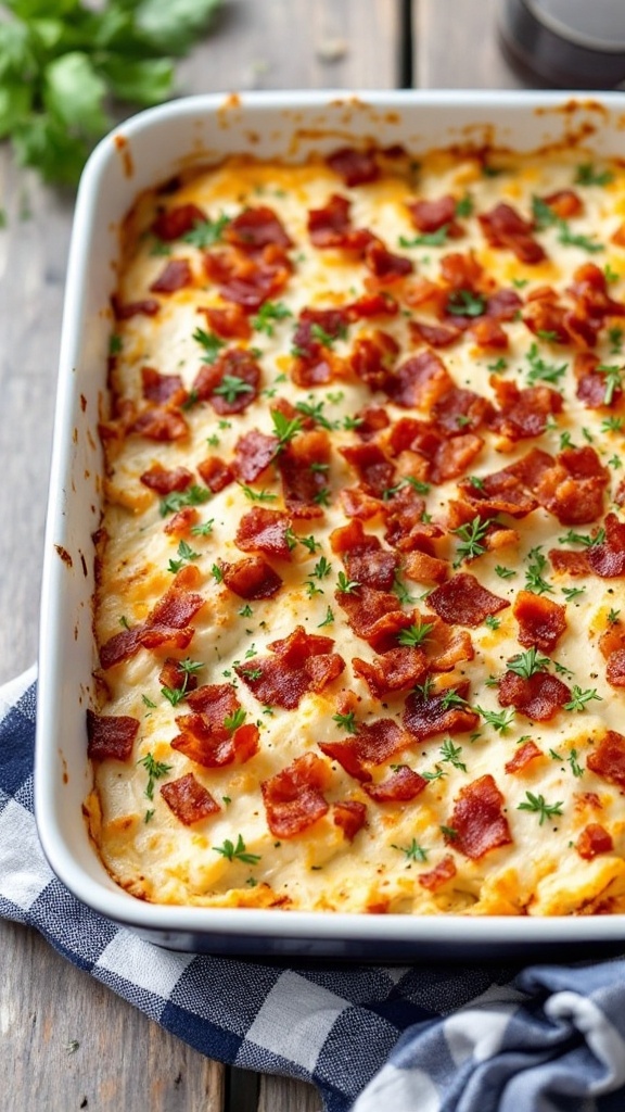 Bacon Ranch Chicken Casserole topped with crispy bacon