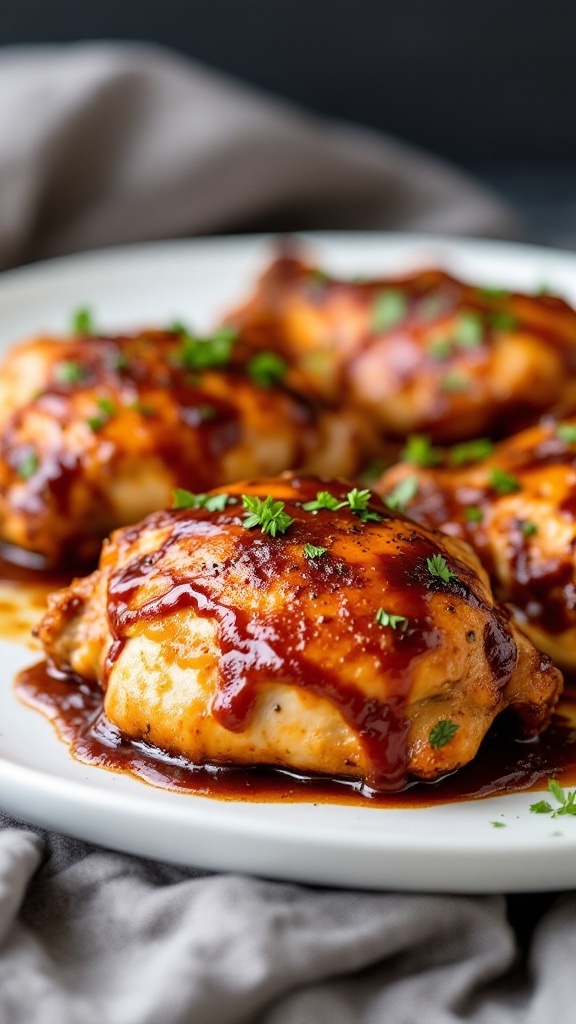 Baked BBQ chicken thighs served on a plate with barbecue sauce.