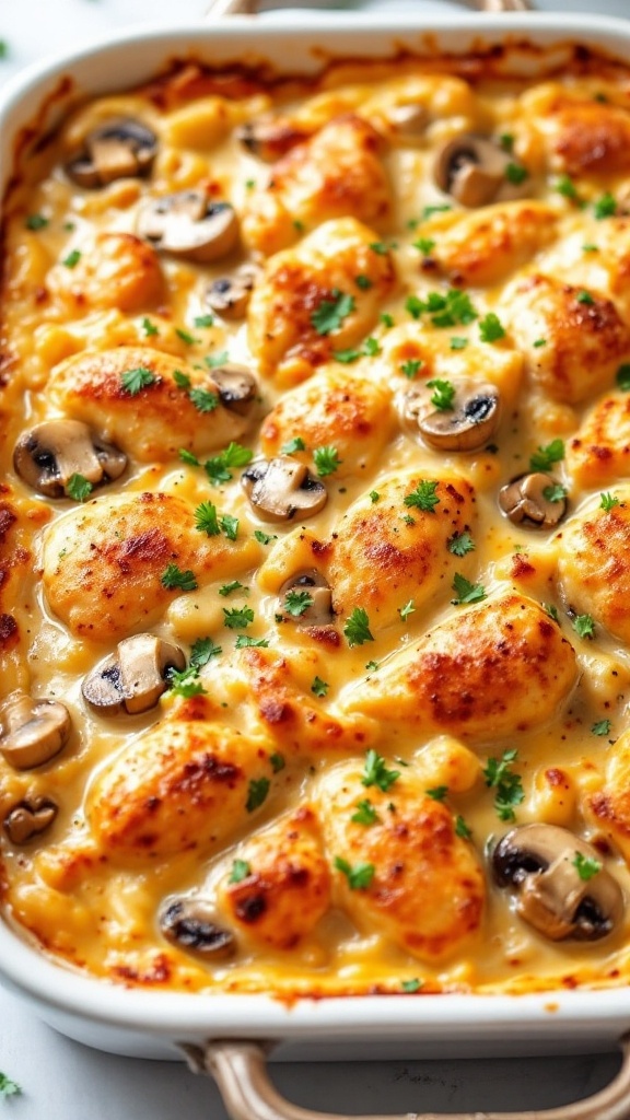 A creamy baked chicken alfredo mushroom casserole topped with parsley and melted cheese.