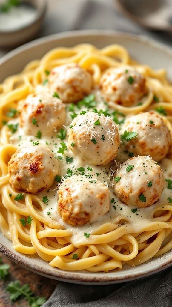 Baked chicken meatball alfredo pasta dish with meatballs and creamy sauce