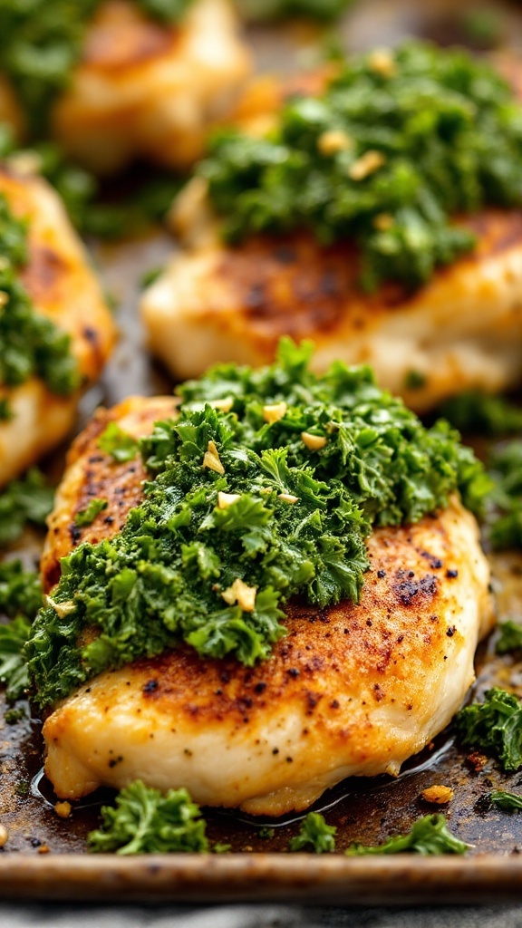 Baked chicken thighs topped with kale pesto