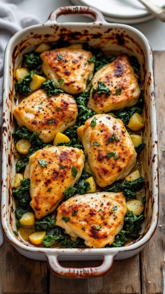 A delicious dish of baked chicken thighs on a bed of spinach and baby potatoes