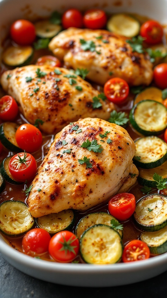 Baked chicken thighs with zucchini and tomatoes