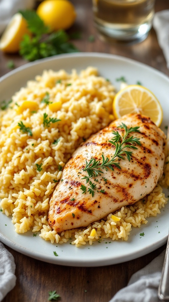 Baked chicken breast served with lemon rice pilaf on a plate