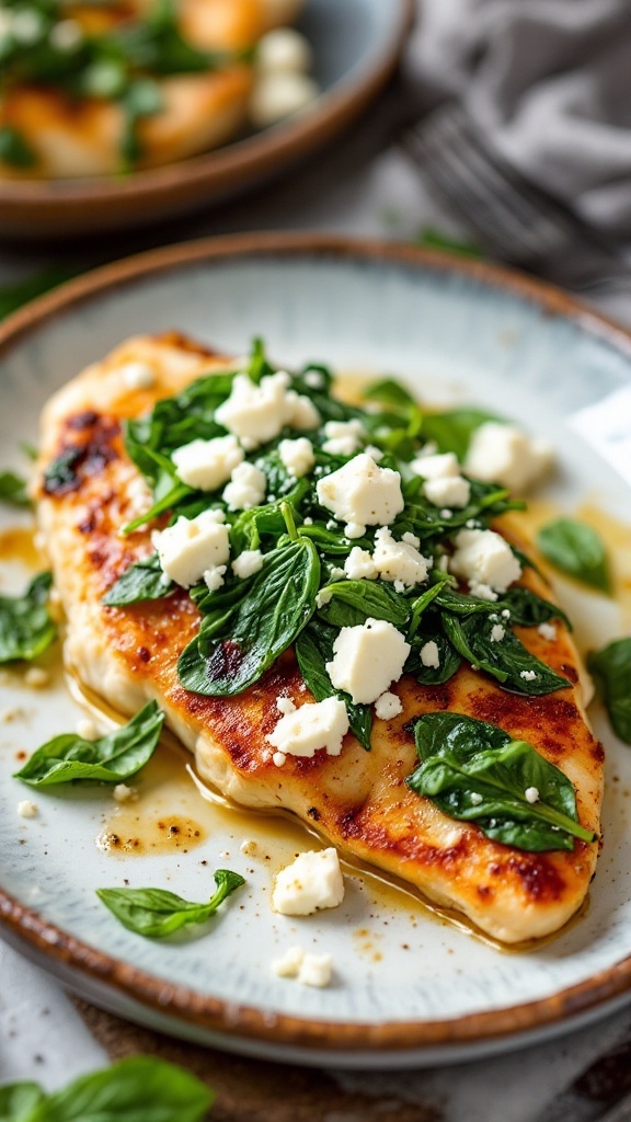 Baked chicken breast topped with spinach and feta cheese