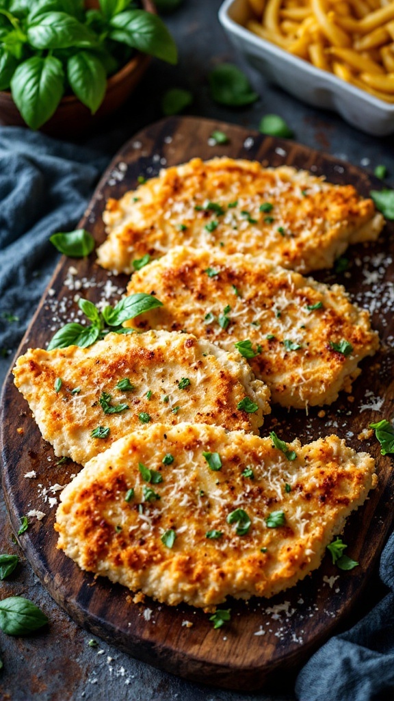 Baked Parmesan Crusted Chicken on a wooden board