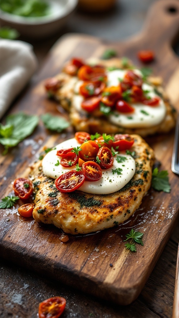 Baked Pesto Chicken with Sun-Dried Tomatoes on a wooden board