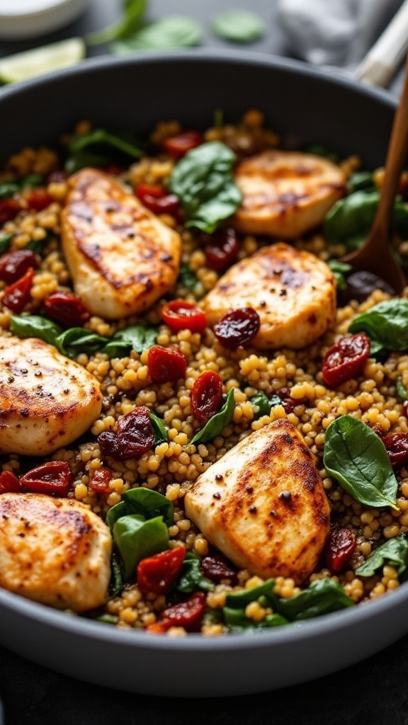 A flavorful Balsamic Chicken and Quinoa Skillet with bright colors and nutritious ingredients.