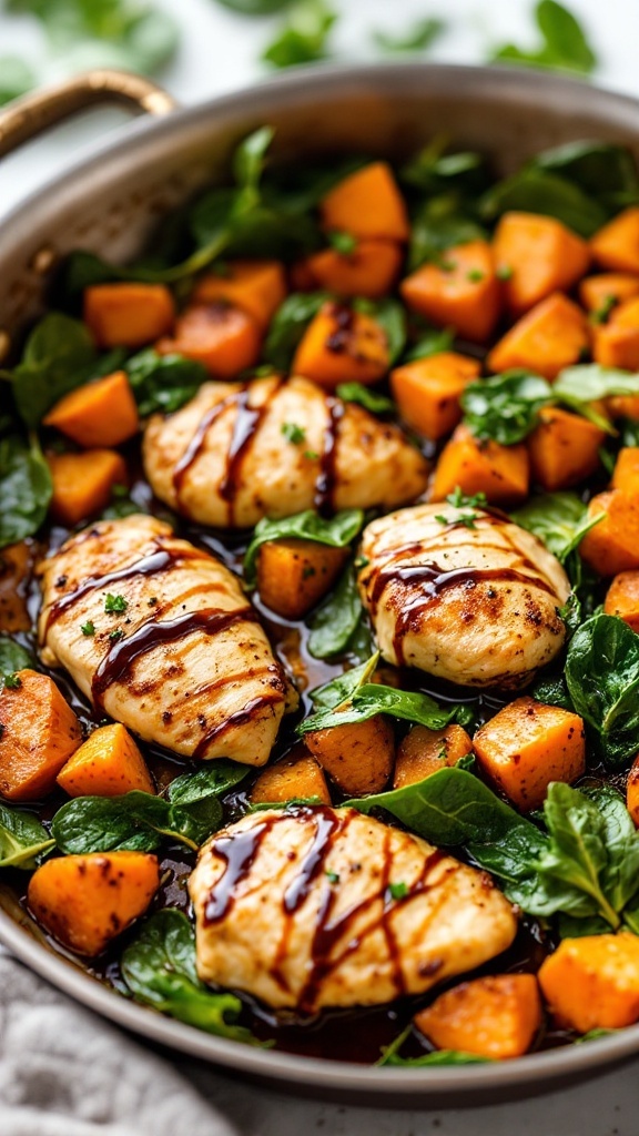 A delicious skillet dish featuring balsamic chicken, sweet potatoes, and spinach.