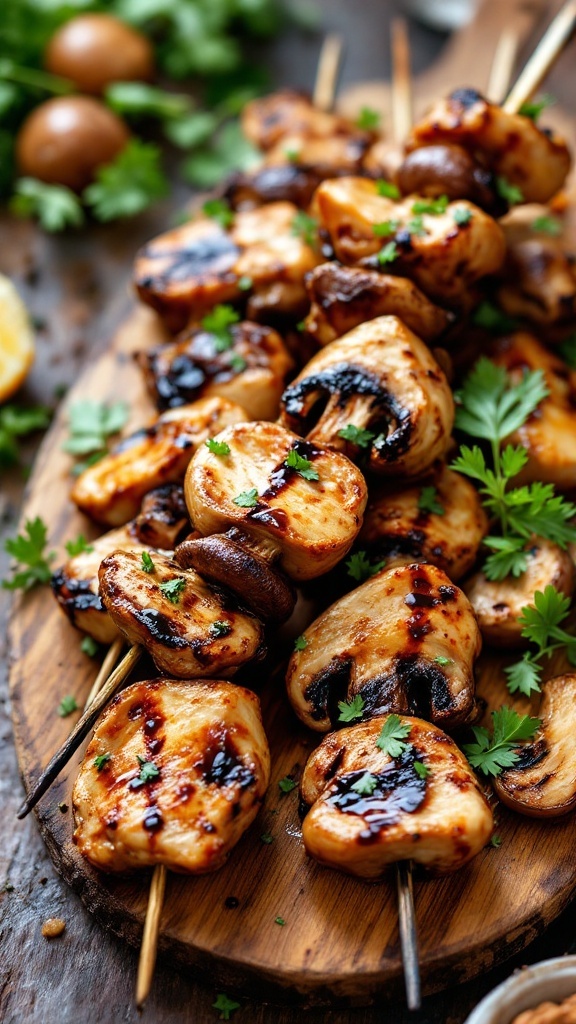 Delicious balsamic glazed chicken and mushroom skewers on wooden skewers garnished with parsley.