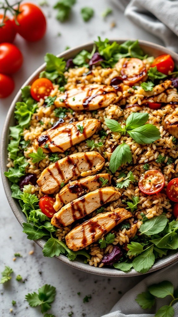 Balsamic Glazed Chicken and Rice Salad served in a bowl with greens and cherry tomatoes.