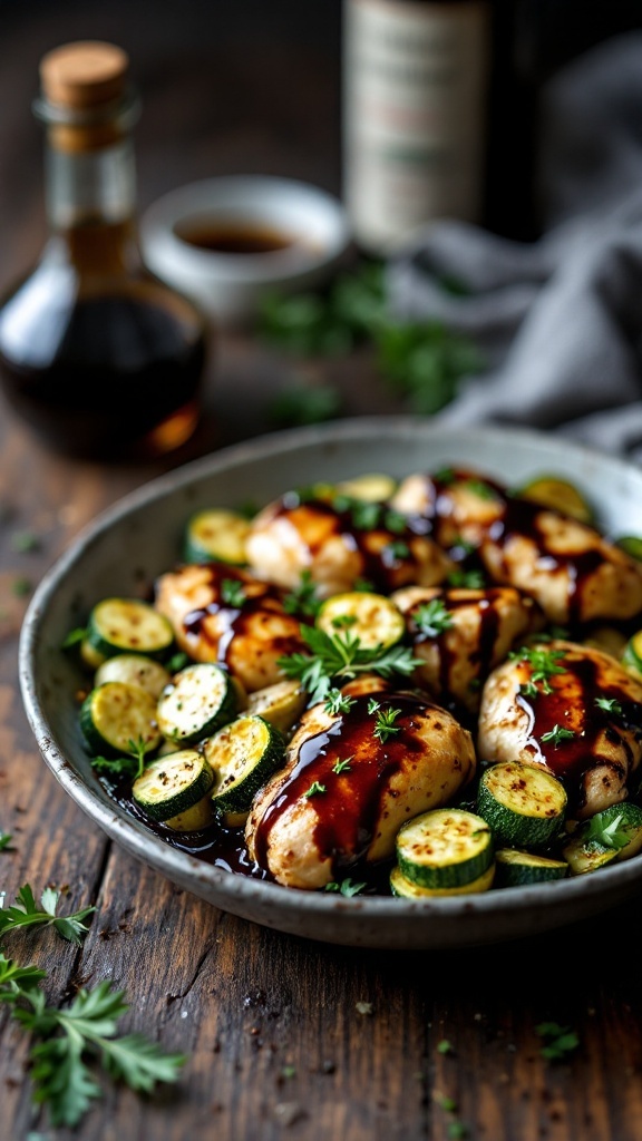 A plate of balsamic glazed chicken with zucchini slices, garnished with parsley.