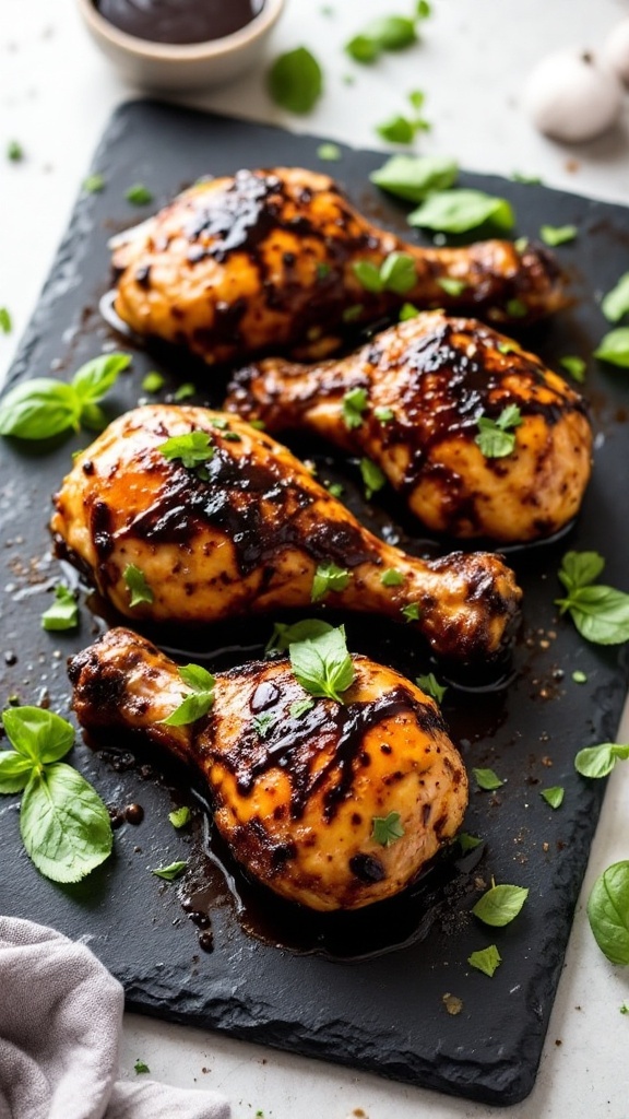 Balsamic Glazed Chicken Drumsticks garnished with herbs