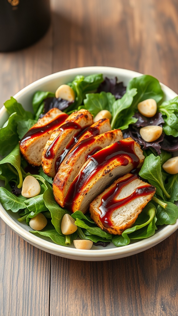 Balsamic glazed chicken salad with sliced chicken on greens