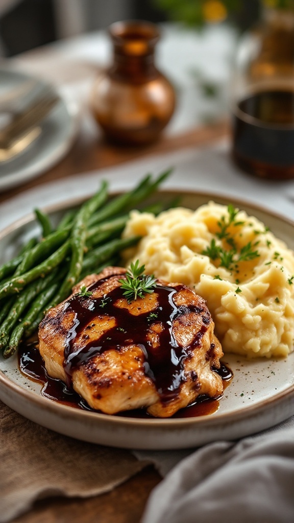 Balsamic glazed chicken thighs with sides of green beans and mashed potatoes on a plate.