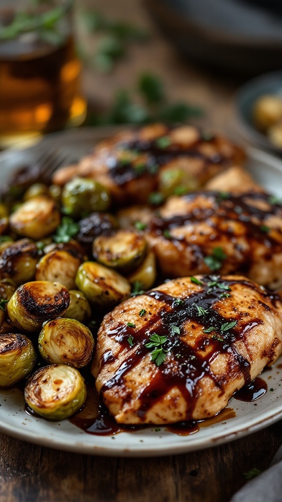 Balsamic Glazed Chicken served with roasted Brussels sprouts on a plate.