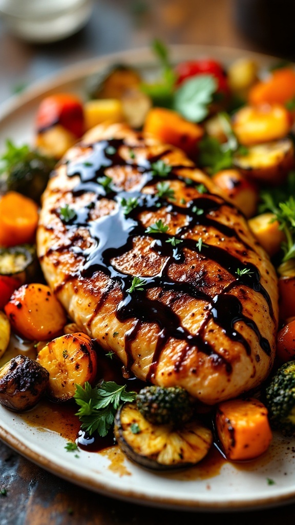 Balsamic glazed chicken breast garnished with herbs, served with colorful roasted vegetables.